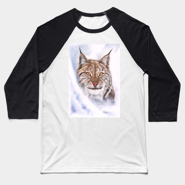 Snow Cat - lynx - coloured pencil drawing Baseball T-Shirt by Mightyfineart